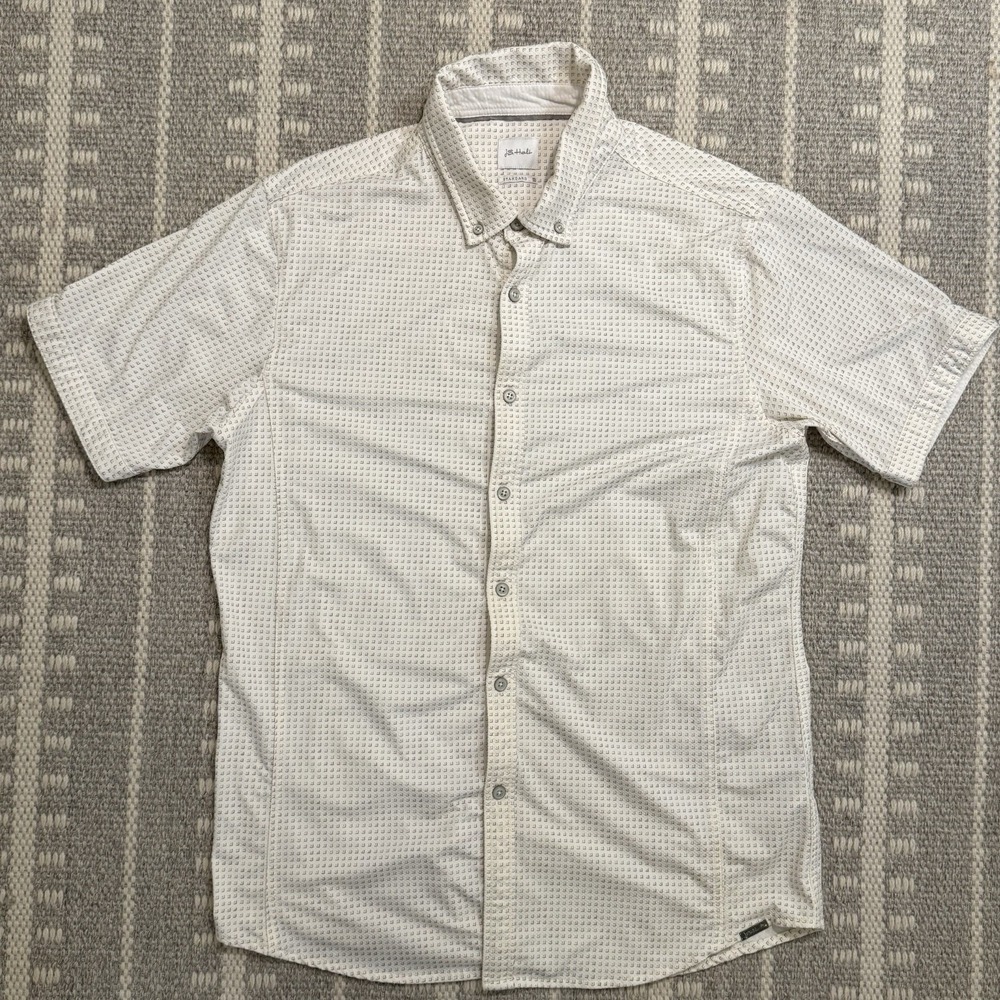 JB Holt Men's Performance Shirt White Grey Tan Geometric Dot Pattern MEDIUM